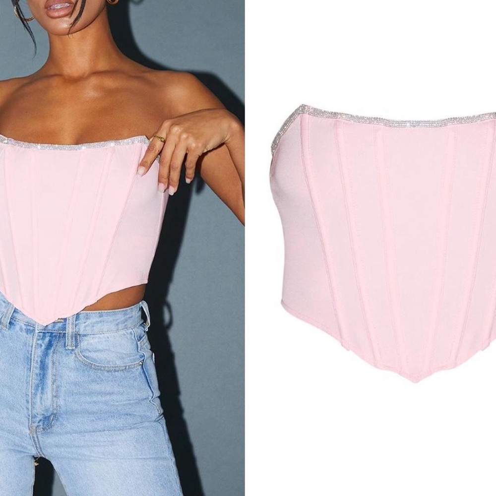 PINK WOVEN DIAMANTE TOP EDGE POINTED HEM CORSET